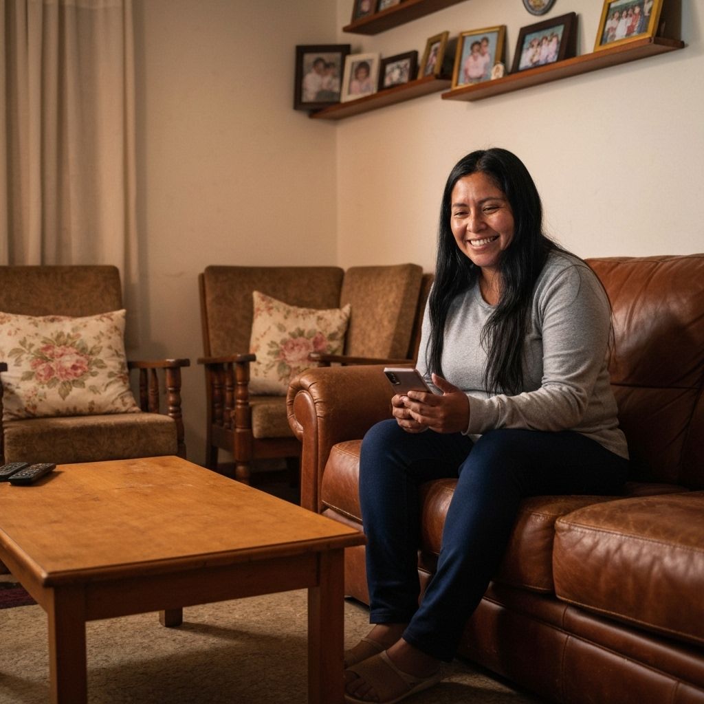Happy woman using immigration tools on phone